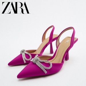 Zara Pink Heel satin effect with rhinestone Bow Women’s Shoe Sz. 36 US Sz.6 NWT